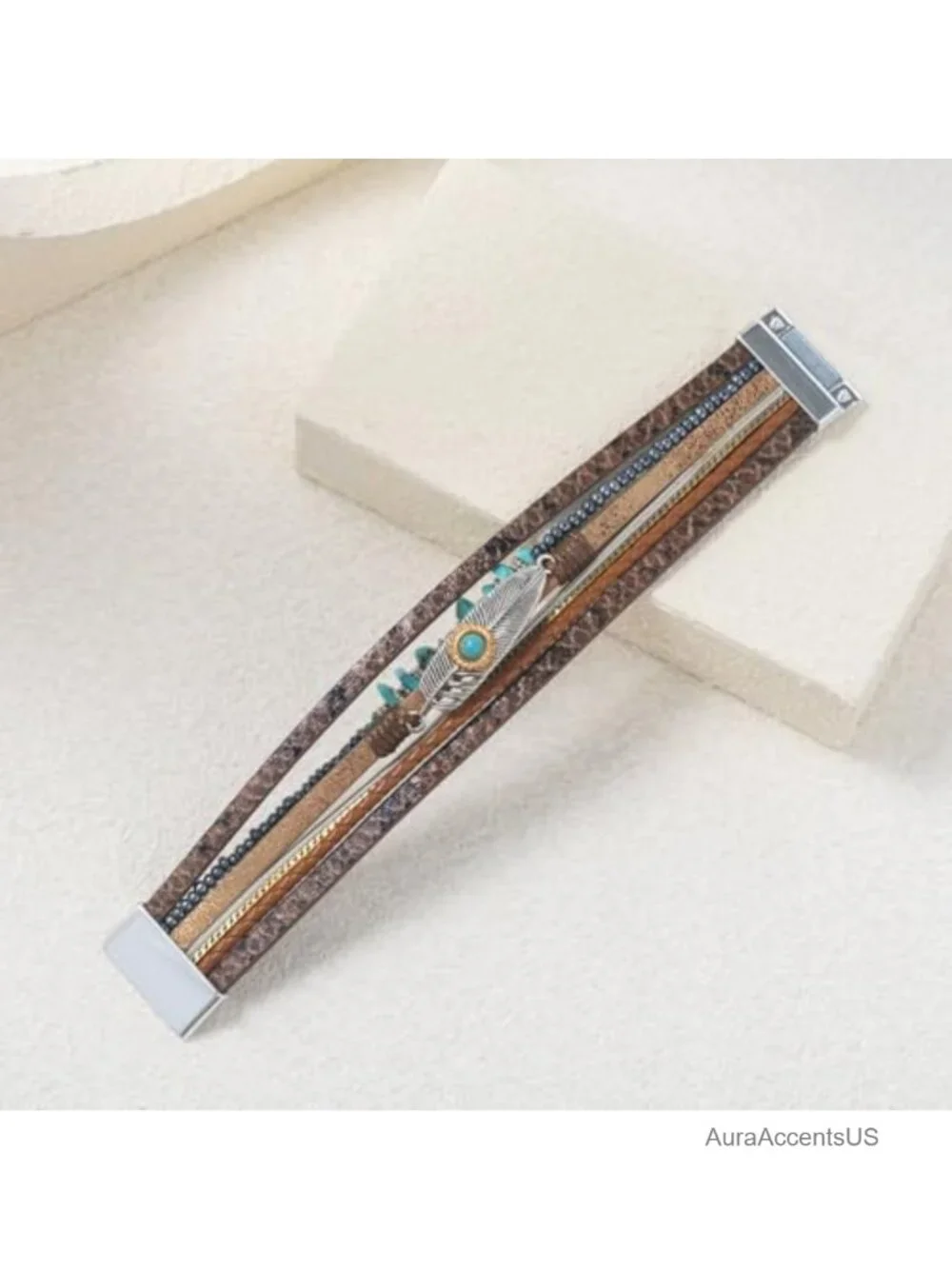 Genuine Turquoise Leather Wrap Cuff Bracelet Boho Feather Magnet